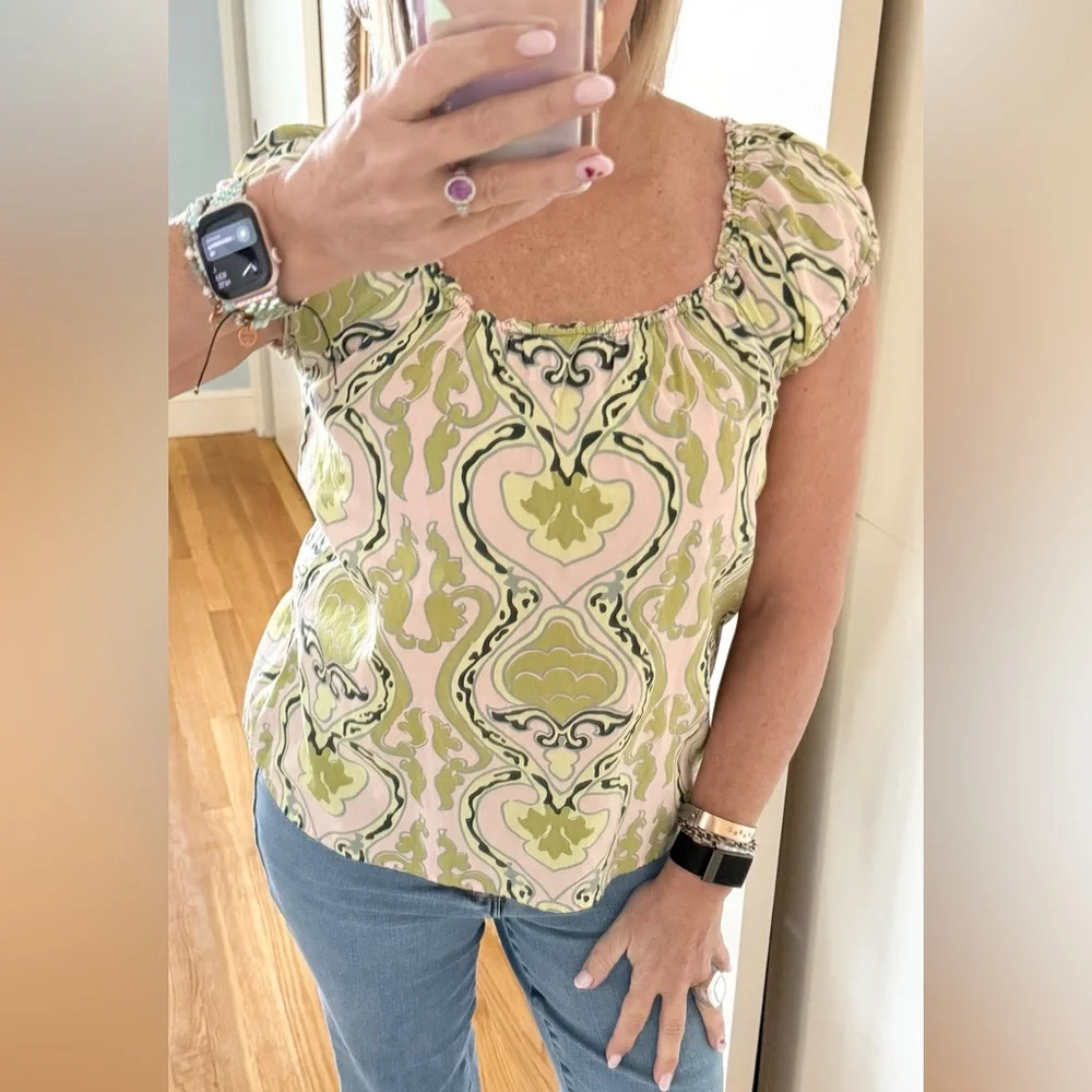 J.Crew Green & Pink Printed Smocked Top – Size S – 100% Cotton